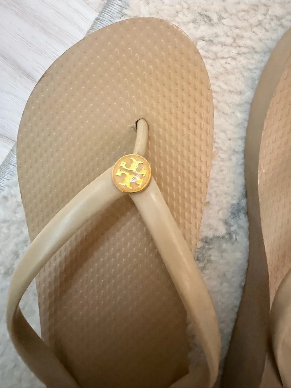 Tory Burch Beige Platform Flip Flop Wedge Sandals with Gold Logo